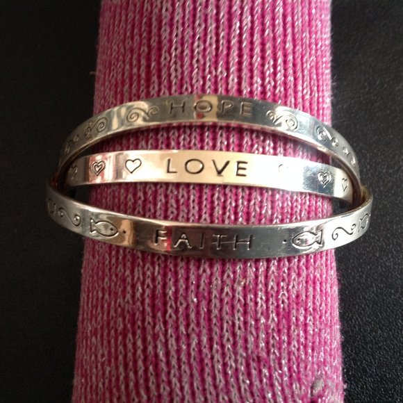 Retro Faith, Hope And Love Silver Tone Bangle Bracelet - Picture 2 of 4